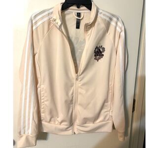 Adidas Floral Track Jacket Cream/Pink Zip 3 Stripe Athleisure Women’s Medium